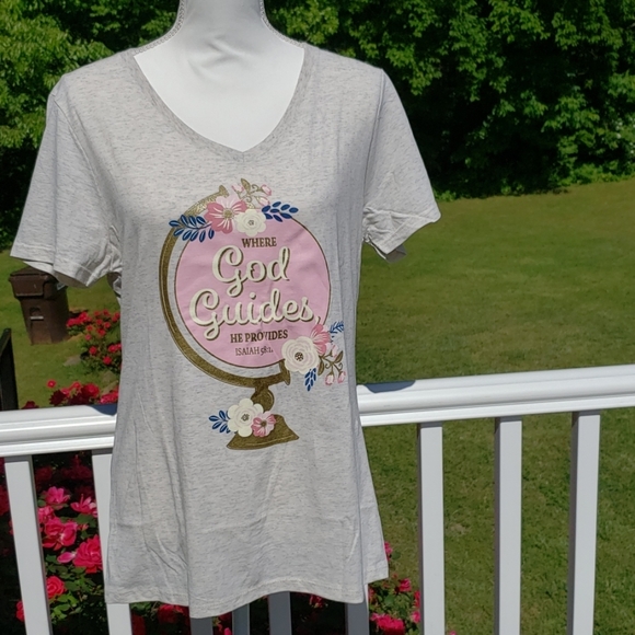 Any3 for$25 🆕️ Where God guides he provides Isaiah 58:1 Gold shimmer gray shirt - Picture 2 of 3